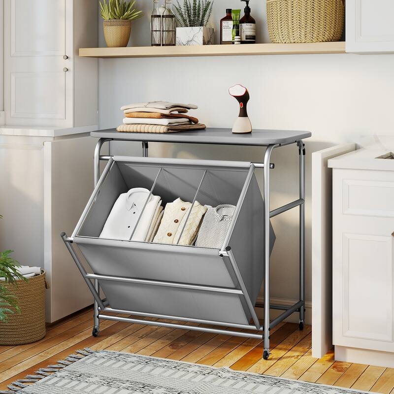 Gymax 3-Section Laundry Sorter w/ Foldable Ironing Board w/ 3