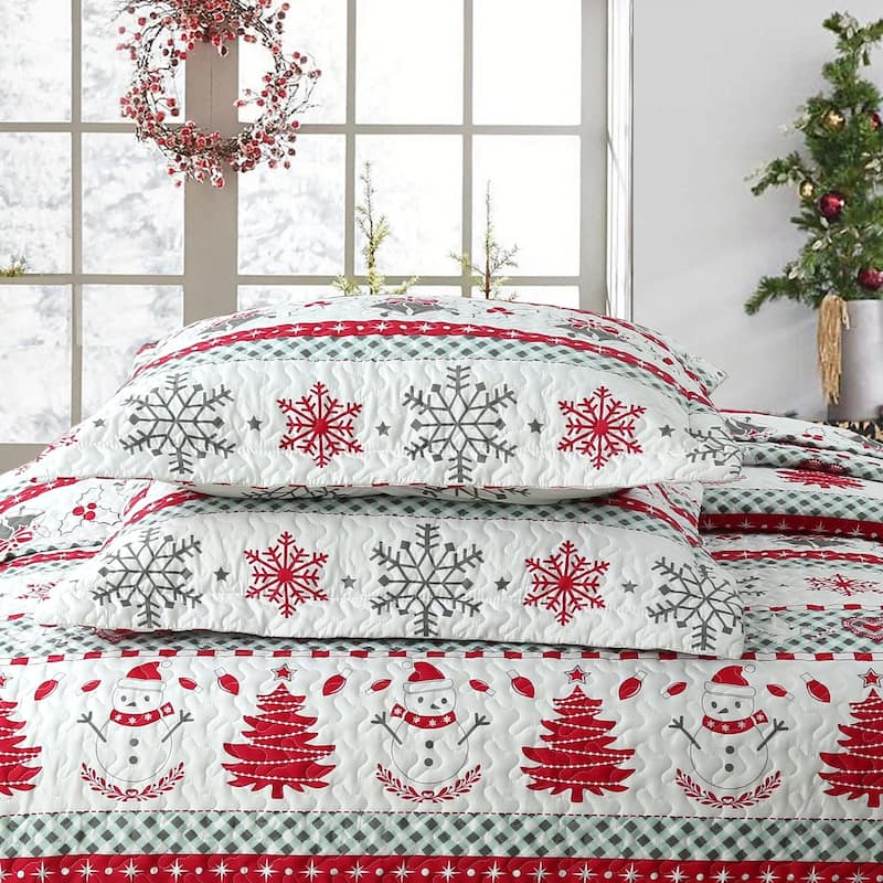 MarCielo 3 Pcs Snowman Christmas Quilt Bedspread Set C89