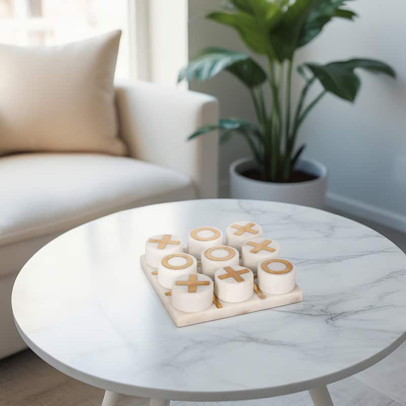 Decorative Tic Tac Toe Game Contemporary Stylish White, Black and Gold Marble Family Game Night Tic-Tac-Toe Board