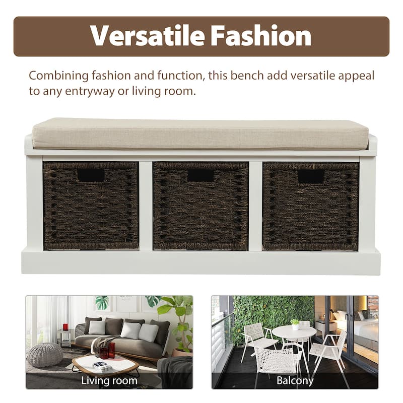 Entryway Storage Bench with 3 Removable Basket, Shoe Bench with Removable Cushion for Living Room, Entryway, Hallway