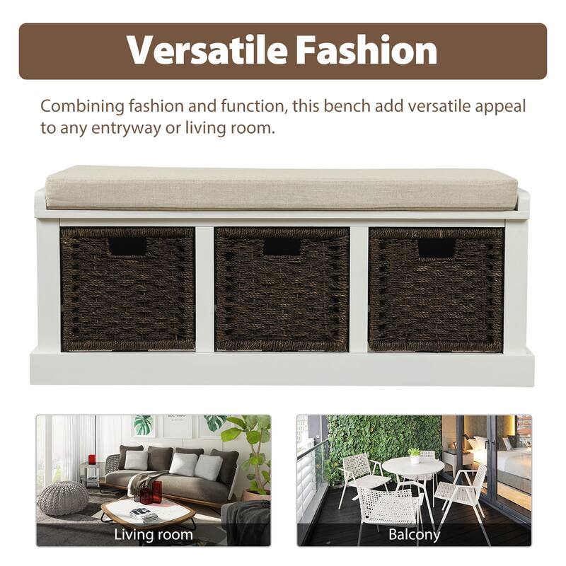 Rustic Storage Bench with 3 Removable Classic Rattan Basket , Entryway Bench with Removable Cushion