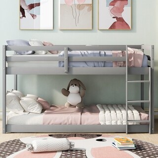 Gray Twin over Twin Floor Bunk Bed Wood Low Loft Bed with Ladder and ...