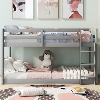 Wooden Twin over Twin Floor Bunk Bed with Ladder and Guardrails