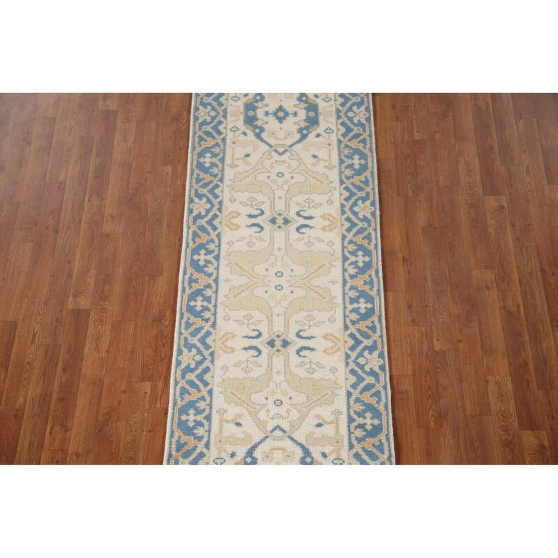 Floral Beige Oushak Style Runner Rug Hand-knotted Wool Carpet - 2'6"x 9'9"