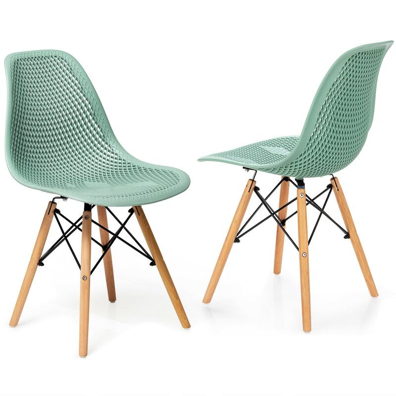 Set of 2 Mesh Dining Chairs with Beech Wood Legs and Ergonomic Curved Seat Ideal for Kitchen and Living Room - Green