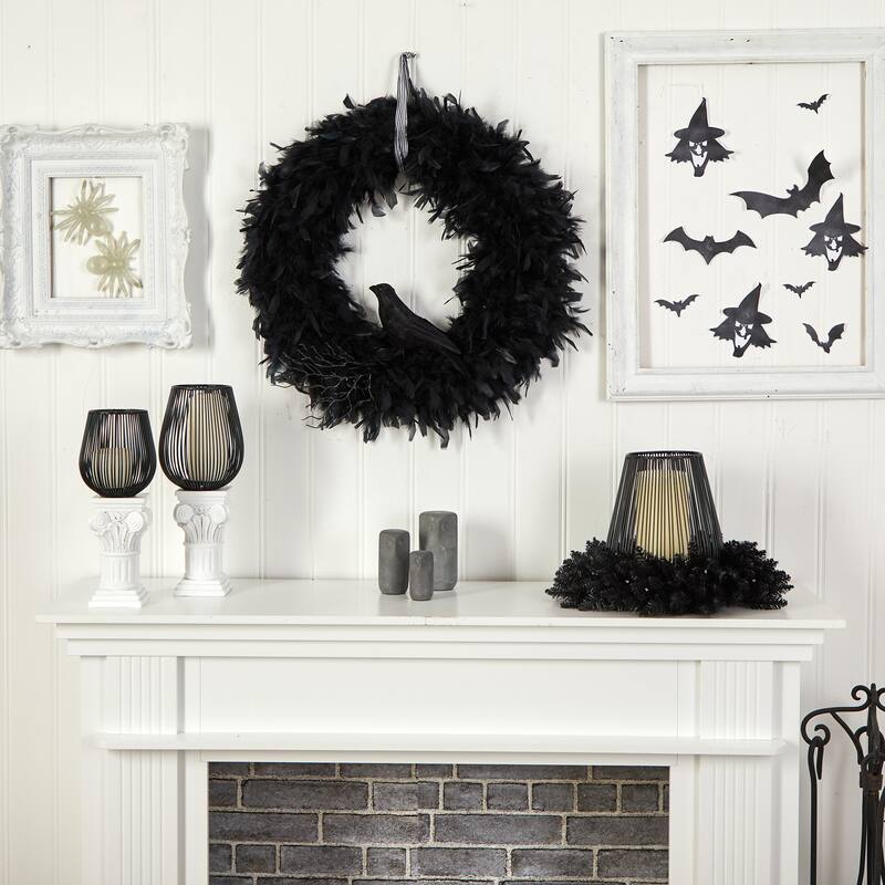 Black Feather with Decorative Raven Halloween Wreath, 30-Inch, Unlit