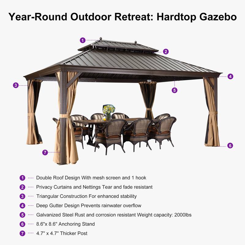 PURPLE LEAF Outdoor Gazebo Aluminum Frame Galvanized Steel Hardtop Gazebo with Bulbs