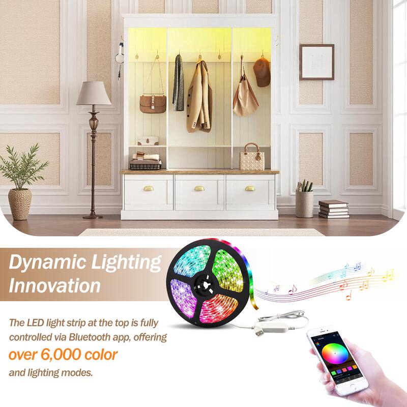 APP Controlled LED Hall Tree with Storage Bench - Farmhouse Entryway Bench with 9 Hooks, 3 Cabinets & Shelves for Mudroom