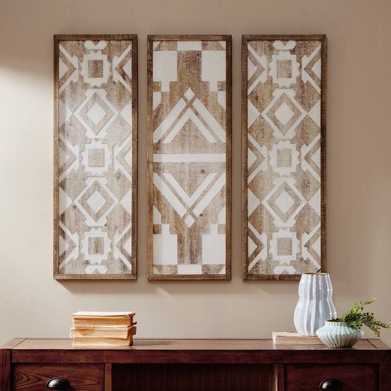 Madison Park Mandal Panel Two-tone Geometric 3-piece Wood Wall Decor Set - Natural