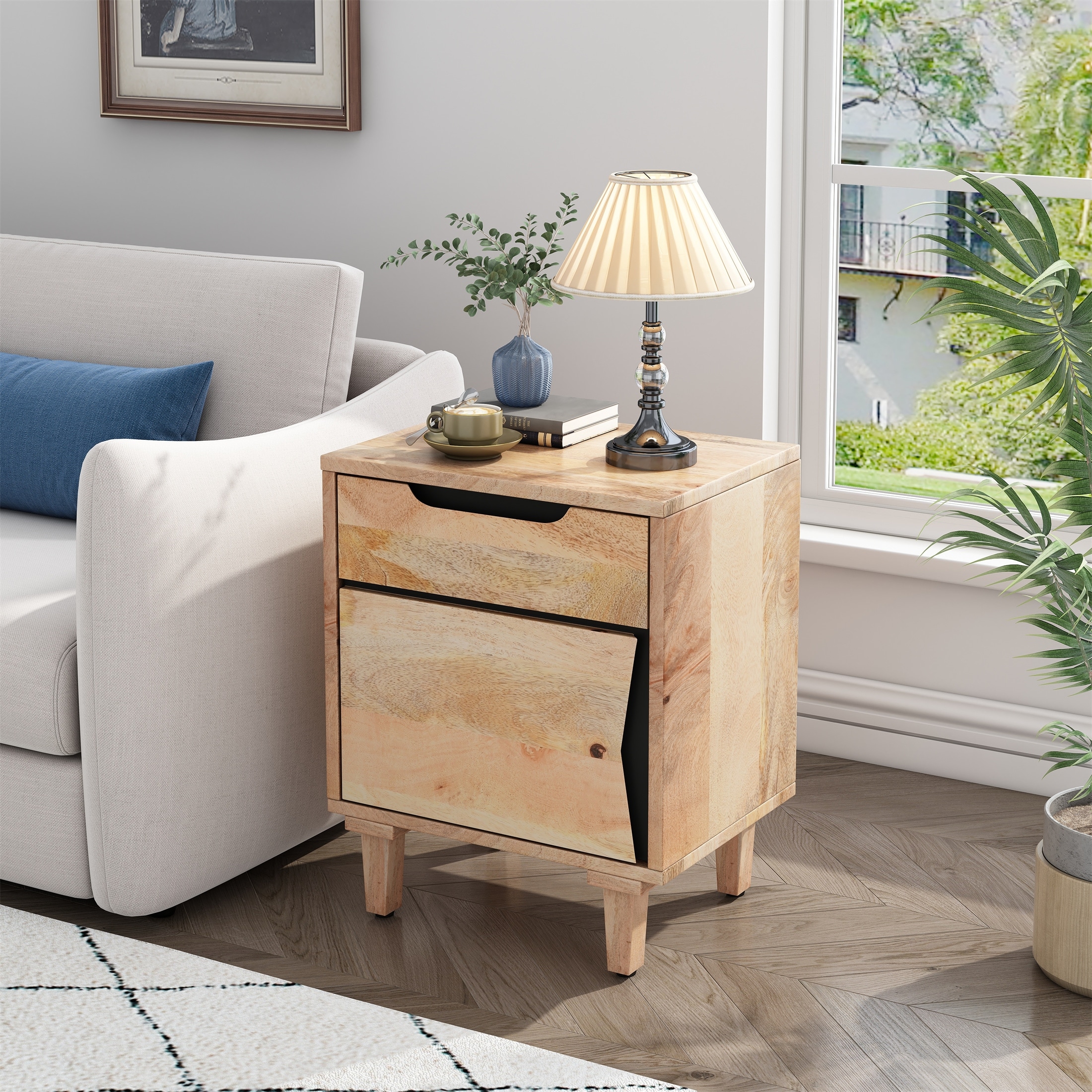 Solid Wood Vintage Nightstand with High Quality Magnetic Door Stopper and Hinges.