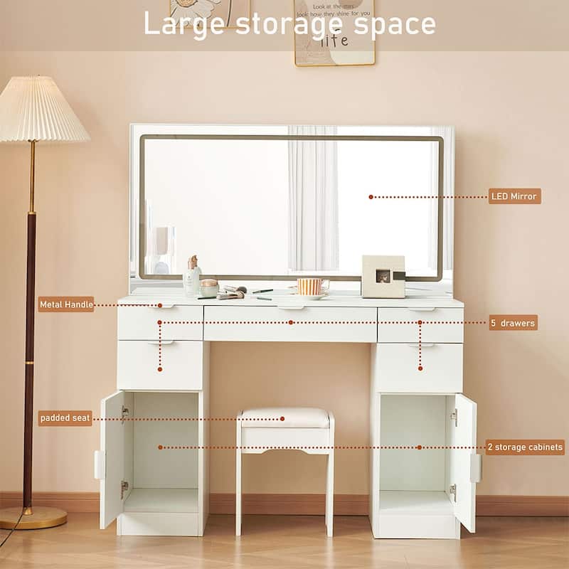 White Makeup Dressing Table with Adjustable Lighting LED Mirror and 5 Drawers for Bedroom - 15.8”D x 46.1"W x 56.1"H