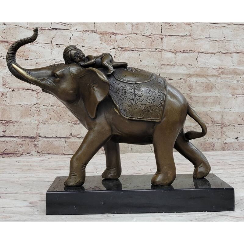 Boy Child Sleeping On Indian Imitative Elephant Bronze Statue Sculpture Decor On Marble Base