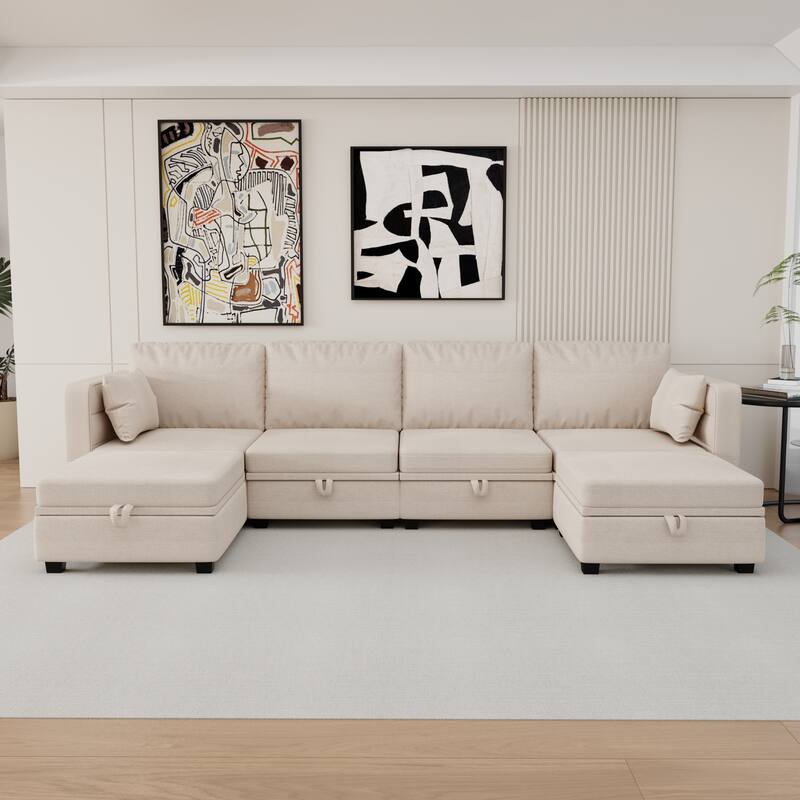 6-Seat U-Shaped Modular Reversible Sectional Sofa with Storage Ottoman