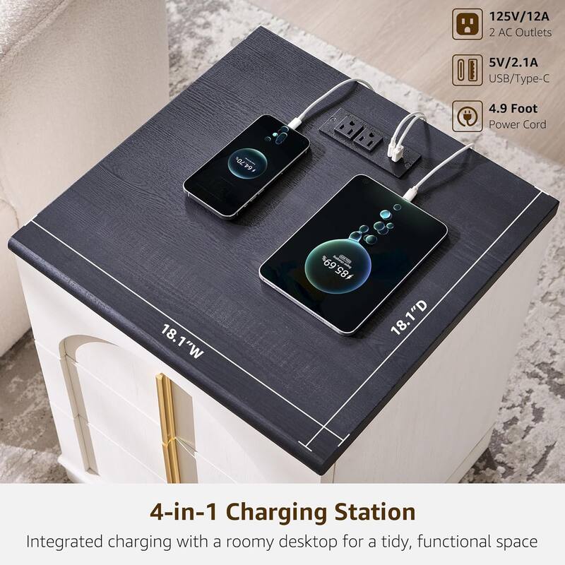 Modern Arched 3 Drawers Nightstand with Charging Station, Side Table