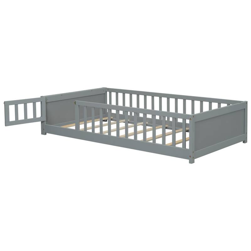 Twin size Floor Platform Bed with Built-in Book Storage Rack, Door