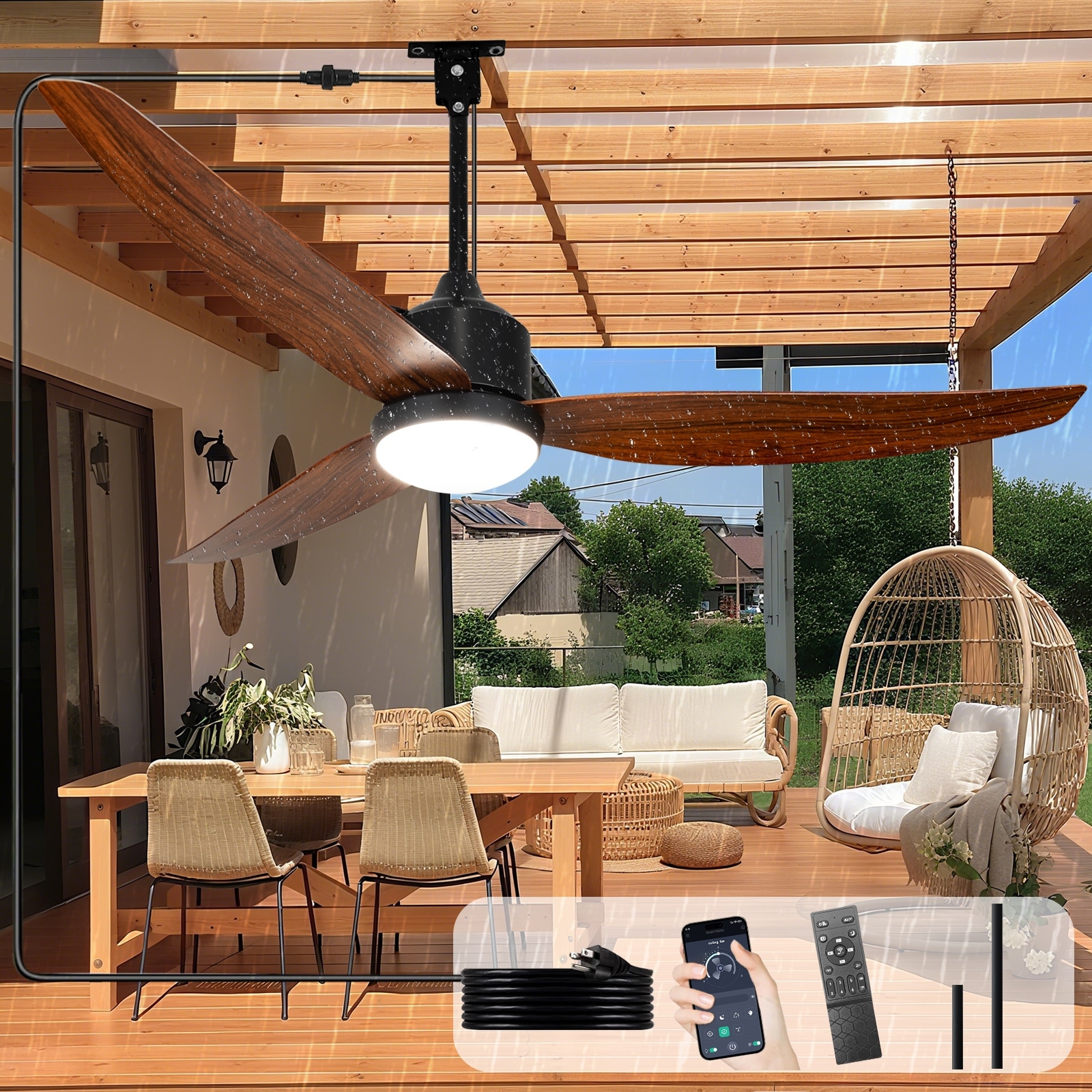 Outdoor Ceiling Fan with Light: 42-52 Inch Hanging - Plug in Waterproof Fans for Patio - Dimmable Remote App Control Black