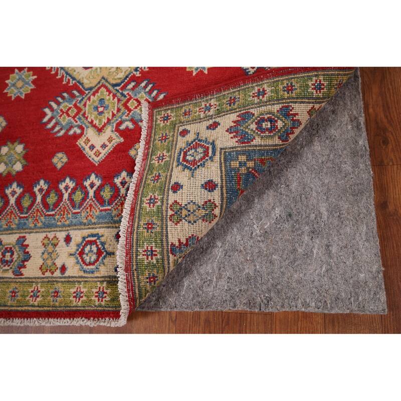 Red Geometric Kazak Accent Rug Hand-Knotted Wool Carpet - 3'5" x 4'10"