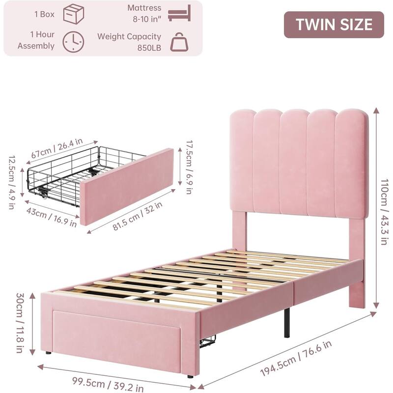 Twin Bed Frame with Storage Drawer and Headboard