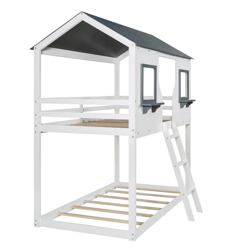 Wooden Twin Over Twin Bunk Bed, Playhouse Design with Roof and Windows