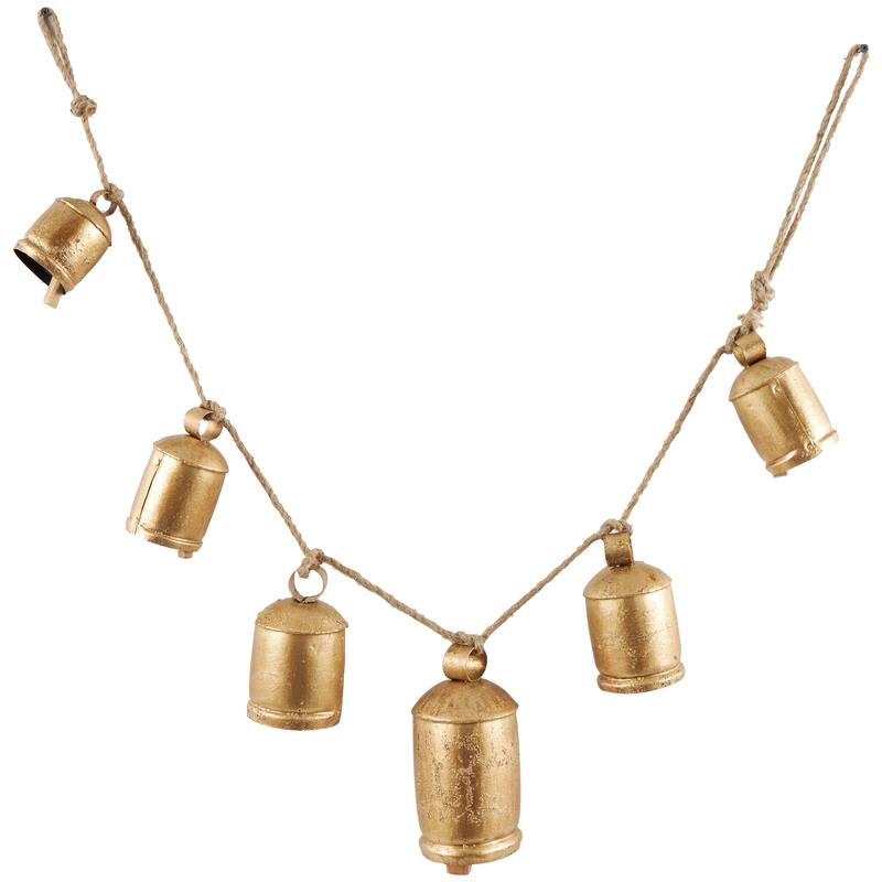 Gold Metal Tibetan Inspired String Hanging Decorative Cow Bell with Jute Hanging Rope
