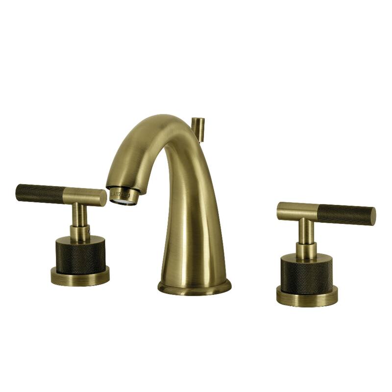 Kingston Brass Convergent Two-Handle 3-Hole Deck Mount Widespread Bathroom Faucet with Knurled Handle and Brass Pop-Up Drain - Antique Brass
