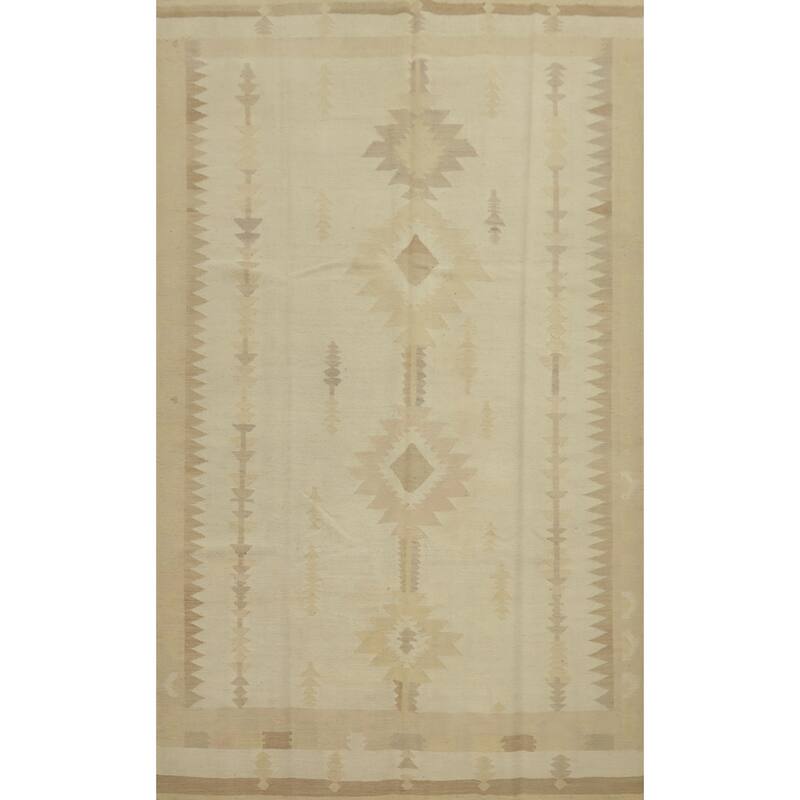 Hand Woven Oriental 100% Wool Carpet Southwestern Tribal Beige & Ivories Kilim Area Rug - 10' 0'' X 6' 8''