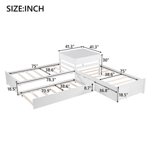 dimension image slide 2 of 3, L-shaped Platform Bed with Trundle and Drawers Linked with built-in Desk Twin White