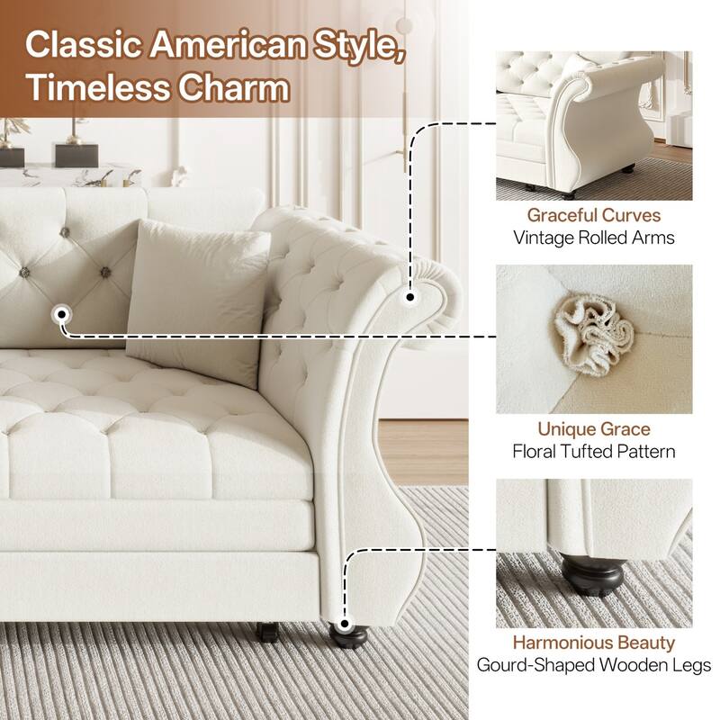 83.8" Velvet Sofa with Pull Out Bed with Rolled Arm and Flower Tufting