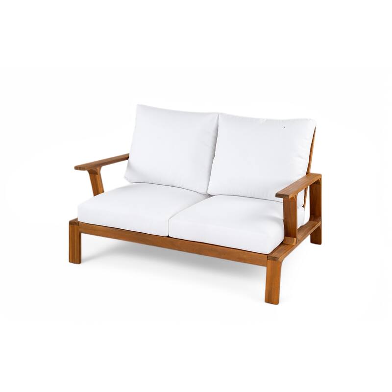 Scott Living Doris 4 Piece Outdoor Slat Design Acacia Wood Upholstered Seating Set