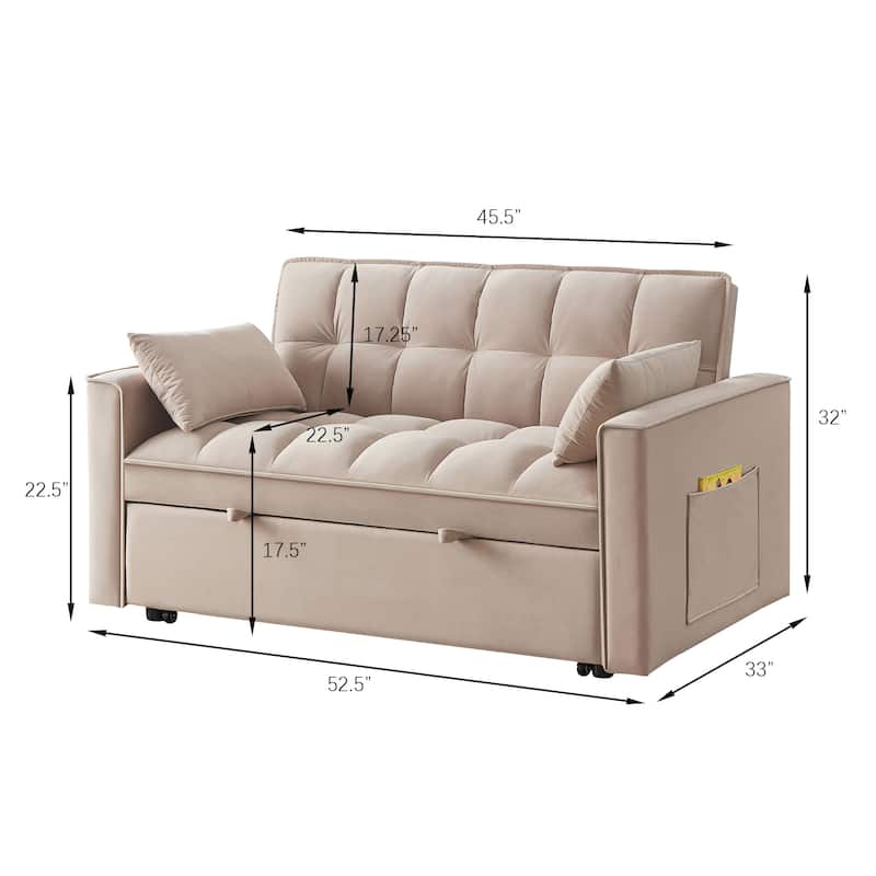 Convertible Loveseat Sleeper Sofa Bed, Couch Settee with Pillows, 2-Seater Sofa with Armrests and Storage Pockets