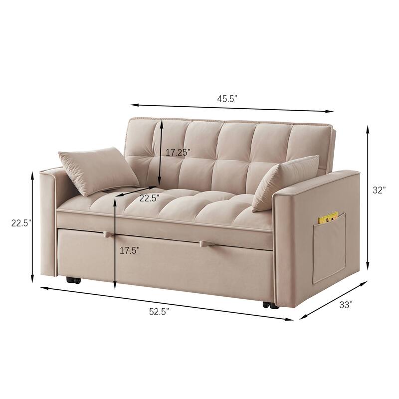 Velvet Loveseat Sofa Bed 4-in-1 with Adjustable Backrest and Storage Pockets