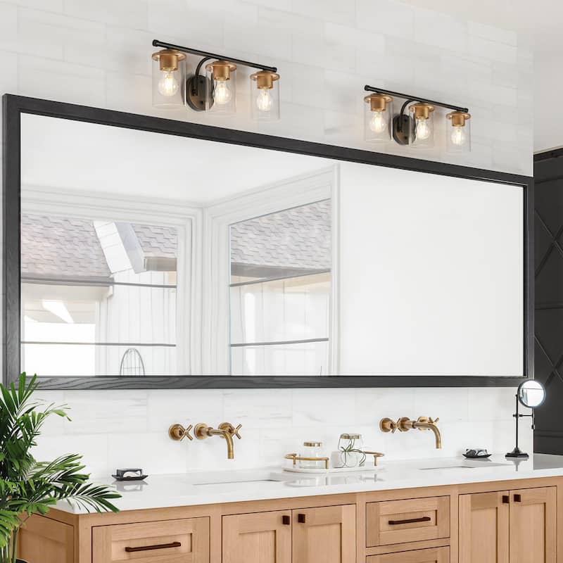 Modern Black Gold 3-Light Bathroom Vanity Lights Glass Metal Wall Sconces - W 21.6" x L 7.8" x H 6.7"