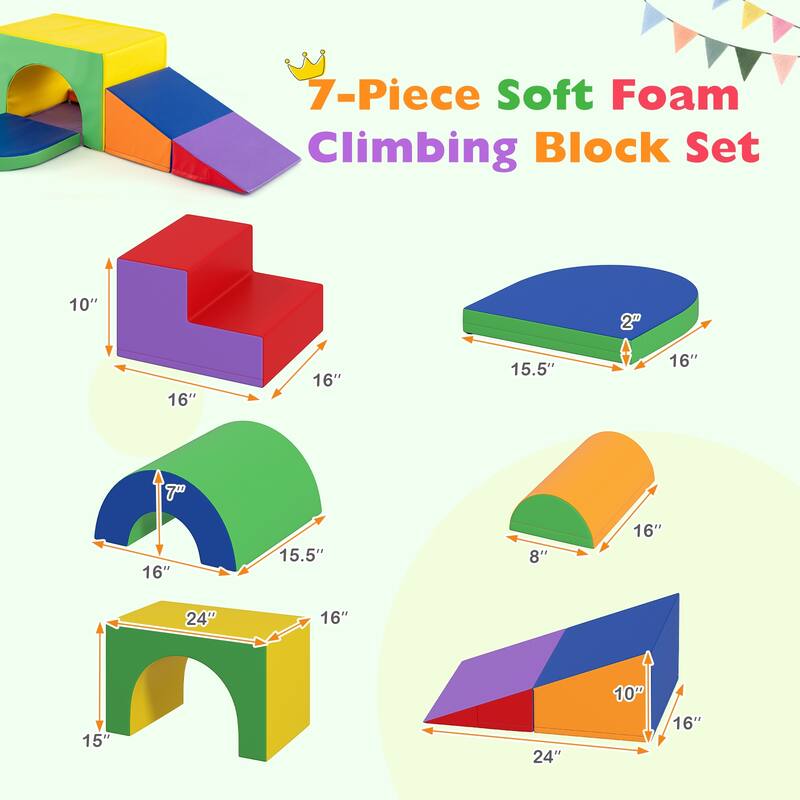 Gymax 7PCS Soft Foam Climbing Blocks Set w/Slide & Tunnel Waterproof &