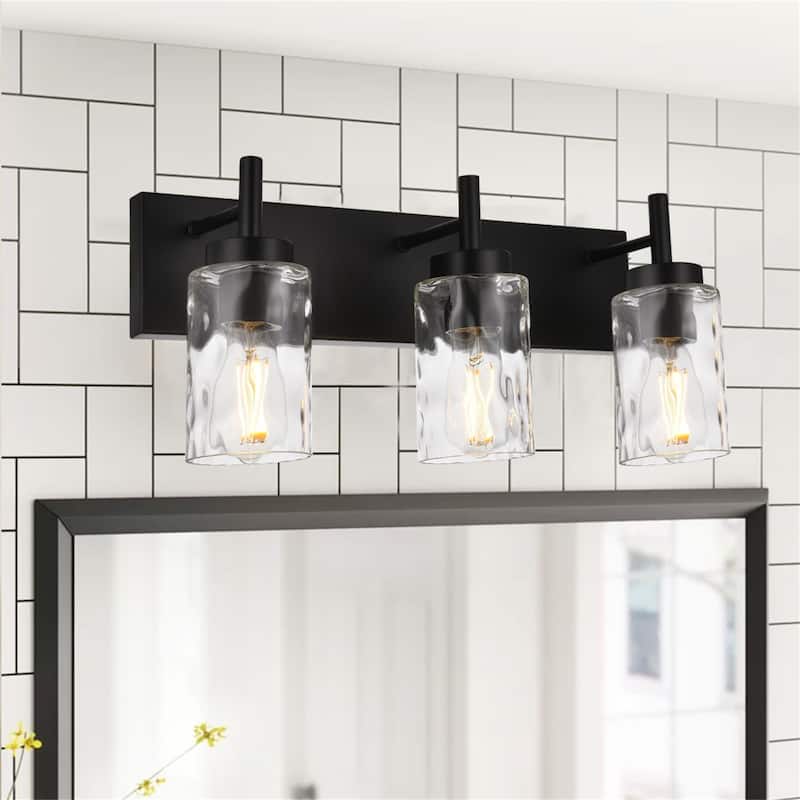 3-Light Black Vanity Light with Hammered Glass - Matte Black