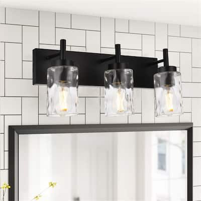 3-Light Black Vanity Light with Hammered Glass