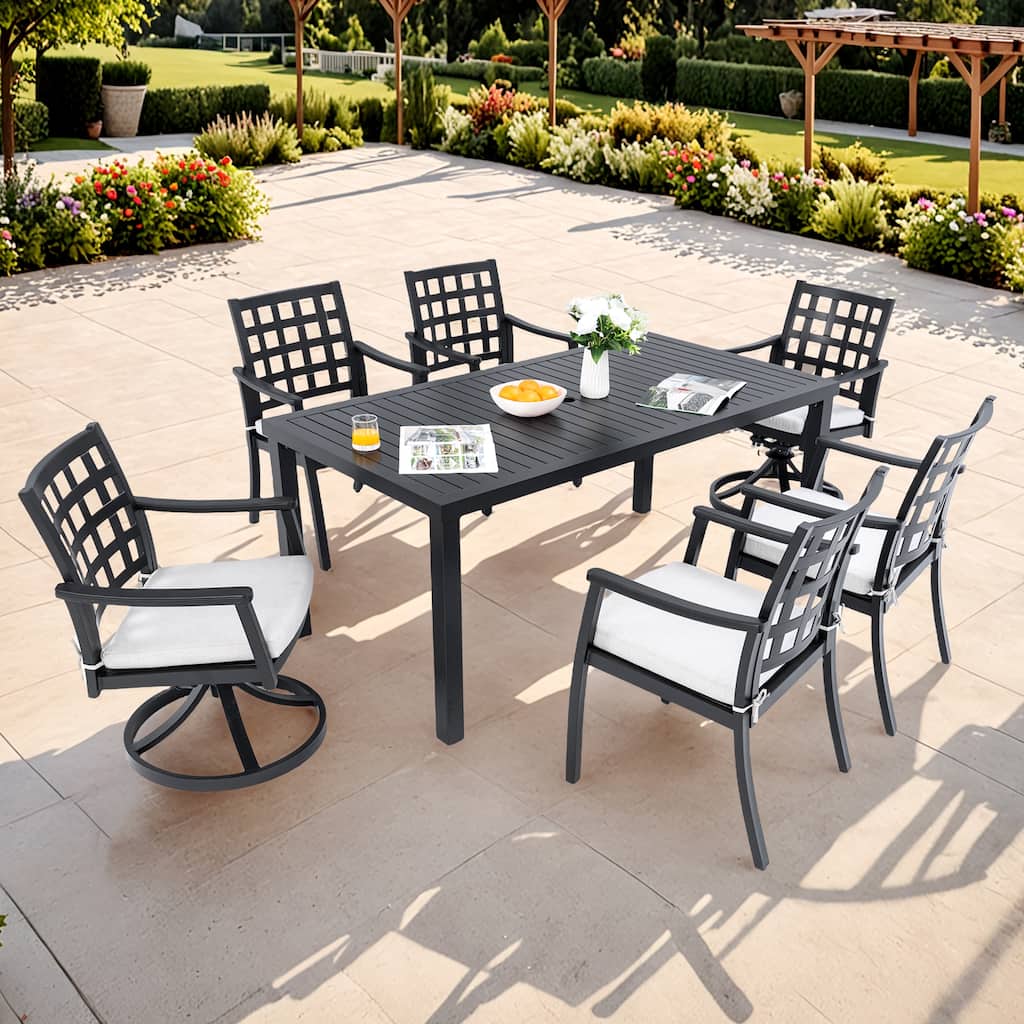 7 Pcs Outdoor Patio Dining Set, All Weather Patio Furniture Set with Rectangular Table, 4 Fixed Chairs, 2 Swivel Rocking Chairs
