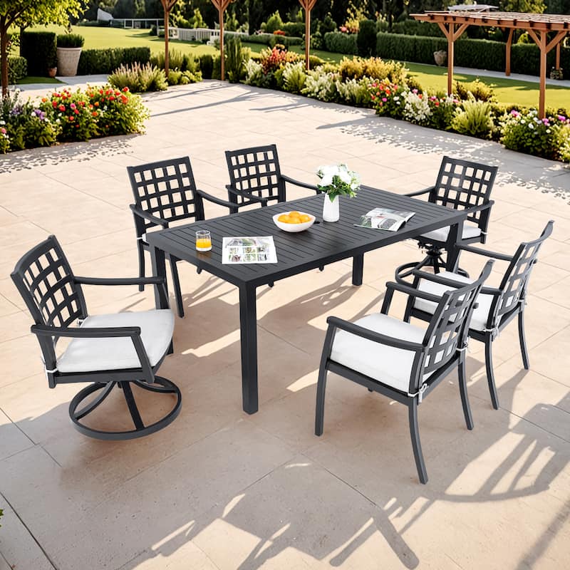 7 Piece All Weather Aluminum Patio Dining Furniture Set with Rectangular Table and 6 Chairs (4 Stationary, 2 Swivel Rockers)