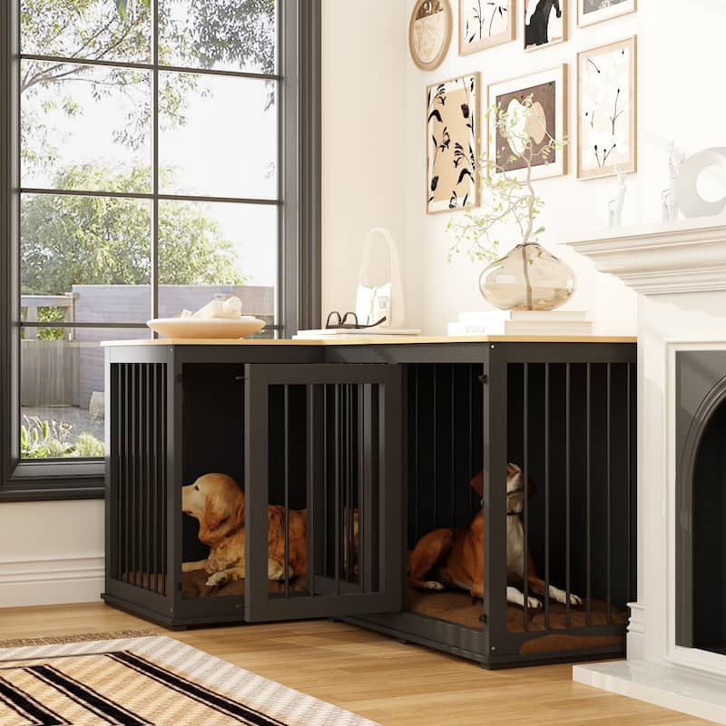 Corner Dog Crate Furniture with Removable Divider, Large Wooden Top Pet Crate End Table for Living Room
