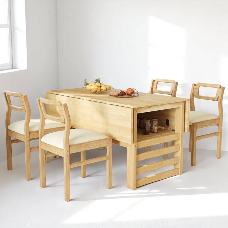 Modern 47.2'' Drop Leaf Dining Table Set with Storage Shelf and 4 Linen Upholstered Chairs - Natural