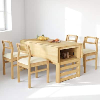 Modern 47.2'' Drop Leaf Dining Table Set with Storage Shelf and 4 Linen Upholstered Chairs