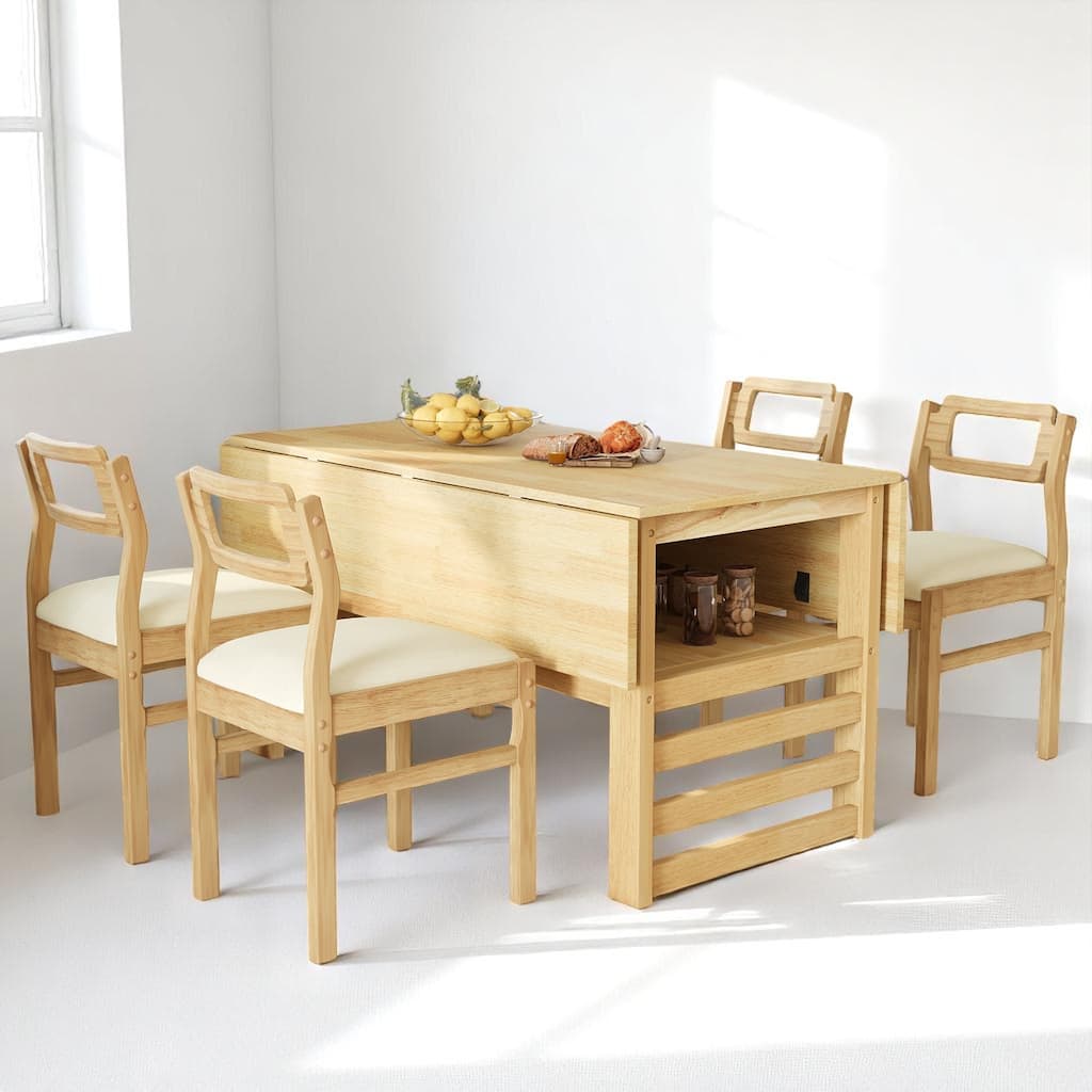 Modern 47.2'' Drop Leaf Dining Table Set with Storage Shelf and 4 Linen Upholstered Chairs