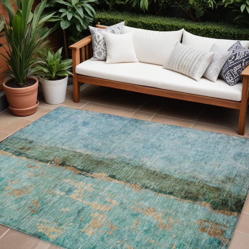Lulu Contemporary Abstract Easy-To-Clean Timeless Fusion Outdoor Rug - 8' X 10' - Gold/Blue