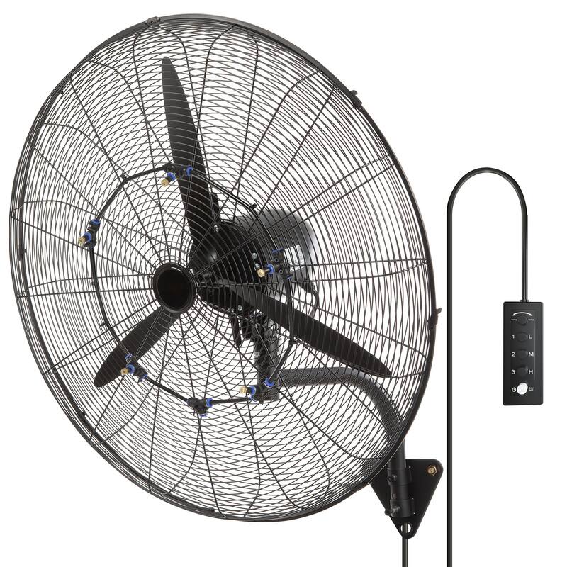 Wall-Mount Misting Fan, 30 Inch, 3-speed High Velocity Max 9500 CFM, Waterproof Oscillating Industrial Wall Fan - Black+Silver