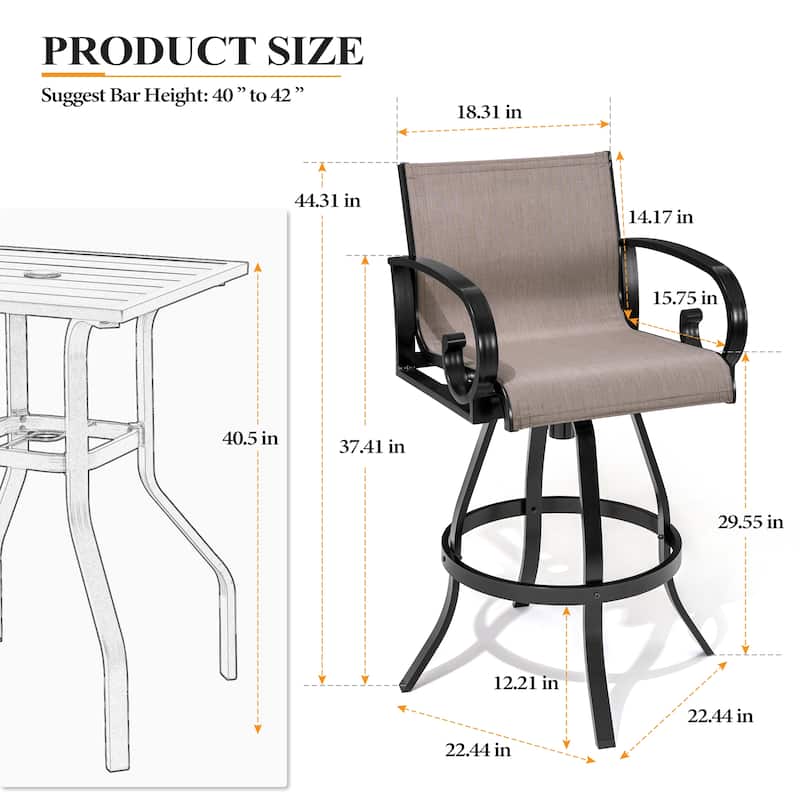 3/5-Piece Set Outdoor Patio Swivel Bar Stools Set Aluminum Sunbrella Textilene Sling Bar Stools and Table