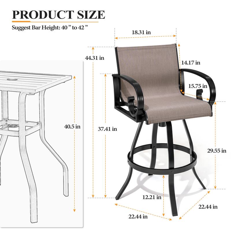 Outdoor Aluminum Swivel Barstool (Set of 2) Sunbrella Textilene Sling for Patio Deck - See Picture