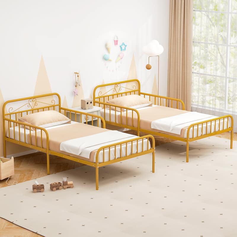 14 Metal Slats Twin Size Bed Frame with Headboard and Safety Side Guardrails