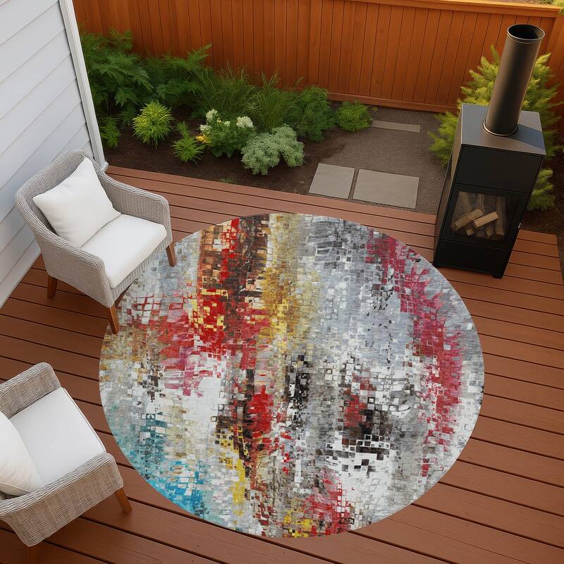 Machine Washable Indoor/ Outdoor Abstract Pixels Chantille Rug - Silver - 8' x 8'