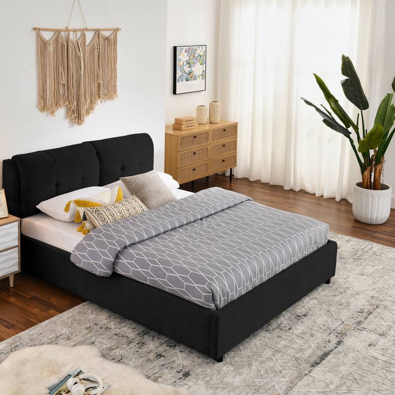 Hydraulic Storage Bed Frame Chenille Upholstered Platform Bed Queen Size Low Profile Bed with Integrated Headboard