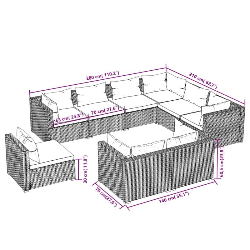 vidaXL Patio Lounge Set Outdoor Sectional Sofa Set Table Garden Poly Rattan - 27.6" x 27.6" x 23.8"