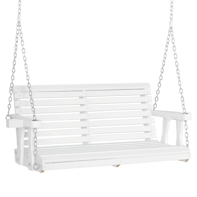 Outsunny 2-Person Outdoor Porch Swing Bench with 2 Built-In Cup Holders, Slatted Design, & Chains Included